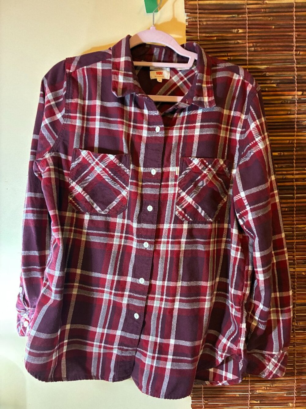 Levi's Plaid Flannel Shirt Women XL Maroon Red Boyfriend Fit Button Up